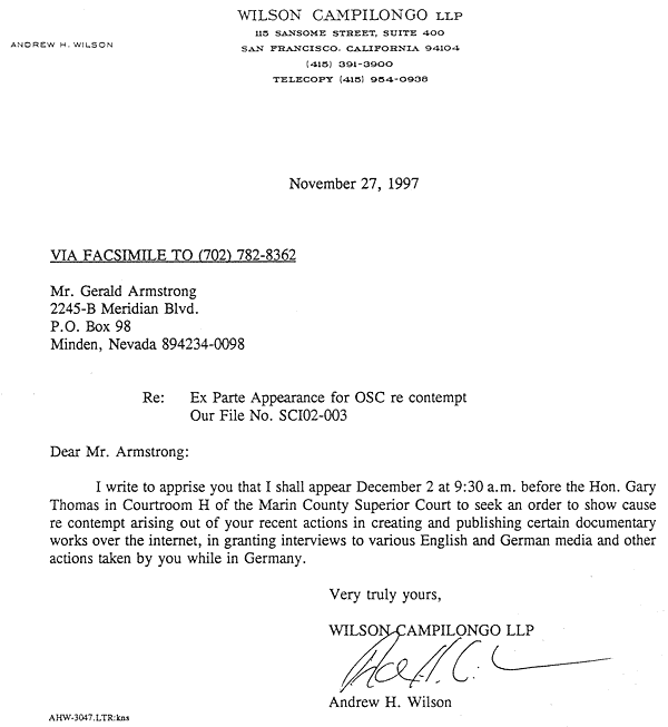 Attorney Wilson Letter to Armstrong